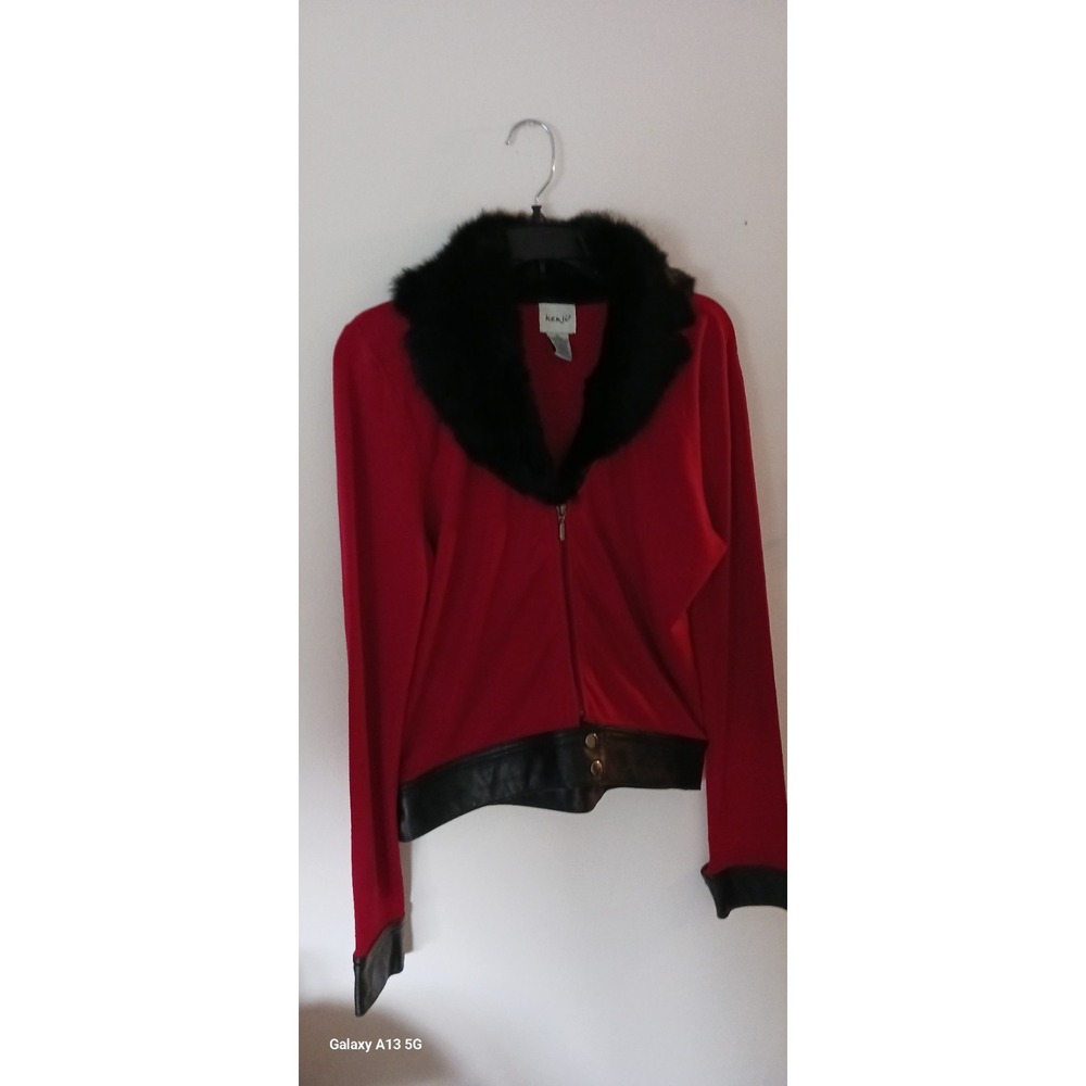 Kenji Sweater Front Zip Rabbit Fur Collar Red & black Size XL Christmas Sweater